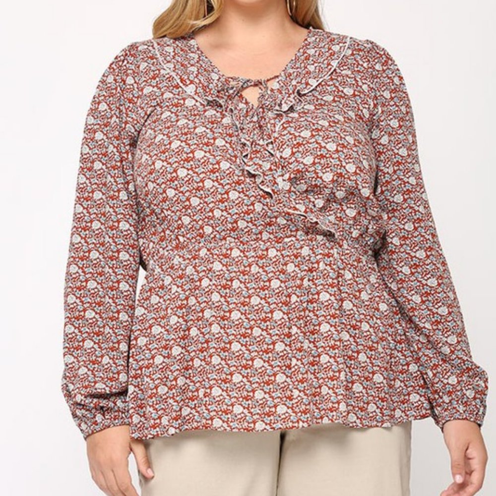 Floral Print and Surplice Ruffle Detail Top